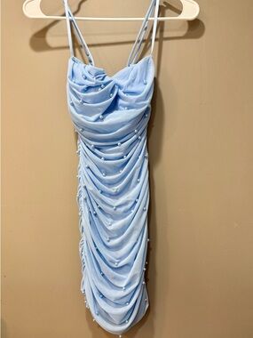 Windsor Light Blue Pearl-Embellished Ruched Mini Dress